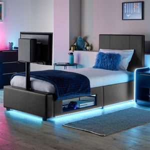 Ava Upholstered TV Bed with LED Lights - Grey (4 Sizes)