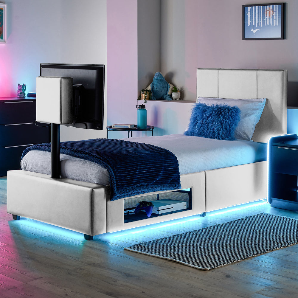 Ava Upholstered TV Bed with LED Lights - White (4 Sizes)
