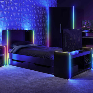 Electra RGB Single Gaming Bed with Storage and App Controlled LED Lights - Black