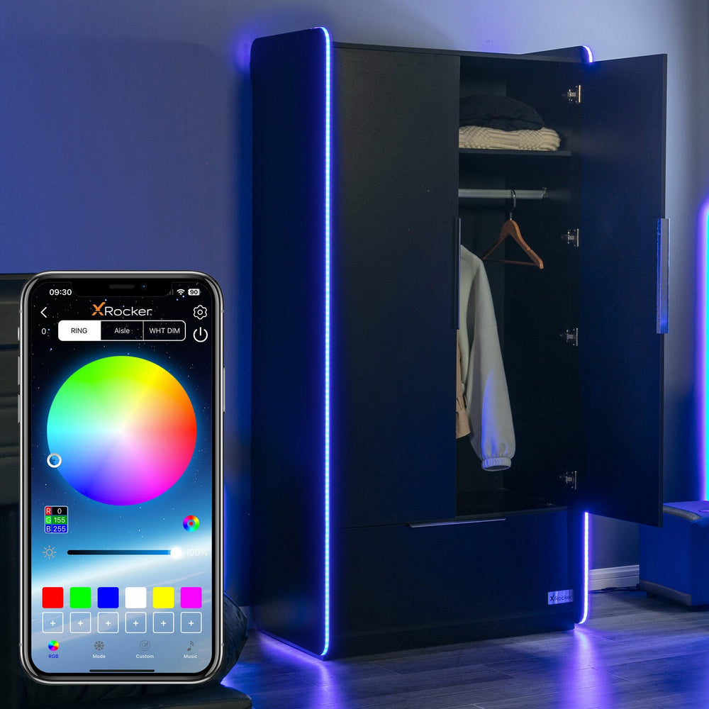 Electra 2 Door Wardrobe with Drawer and App Controlled LED Lights - Black