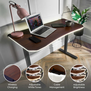 Oka Office Desk with LED Lights & Wireless Charging - Walnut Effect