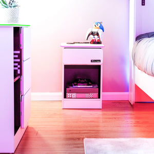 Carbon-Tek Bedside Table with Wireless Charging and LED Lights - White