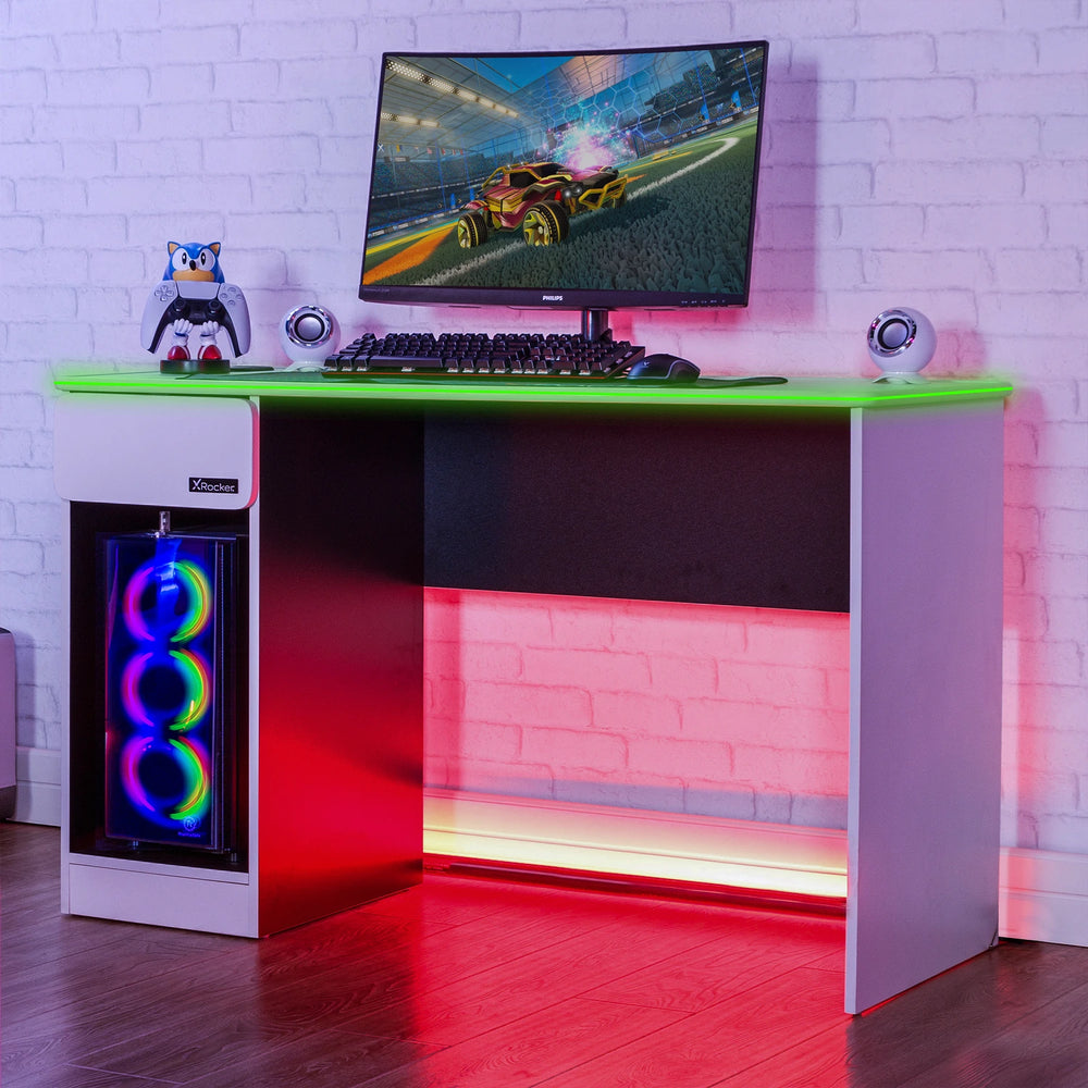 Carbon-Tek Gaming Desk with Wireless Charging and LED Lights - White
