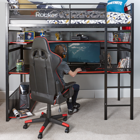 x rocker gaming bunk bed high sleeper in a bright room with child sitting at desk in a x rocker PC gaming chair