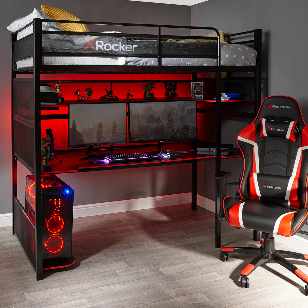 x rocker gaming bunk bed with integrated desk in a modern grey room and red LED lights for effect