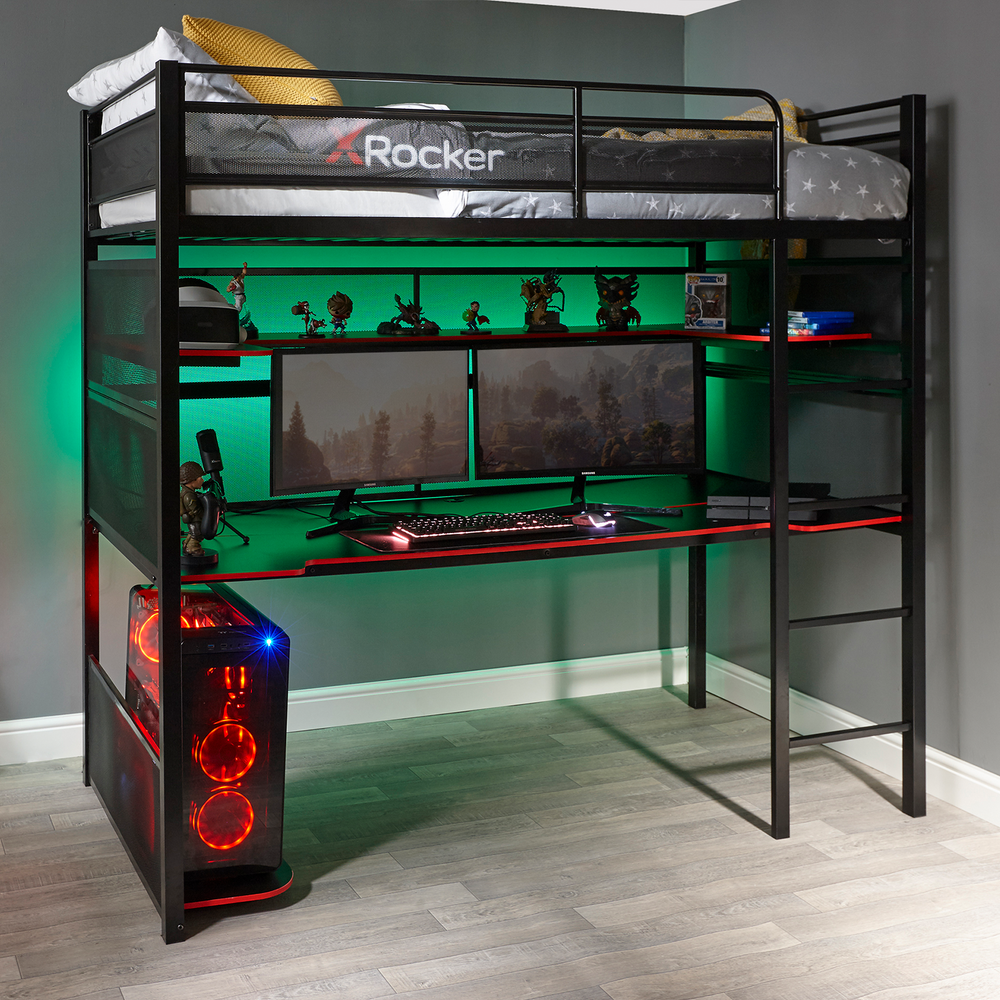 x rocker gaming bunk bed with integrated desk in a modern grey room and green LED lights for effect