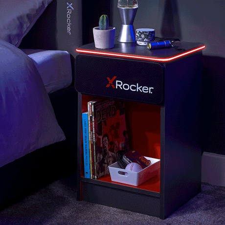 Carbon-Tek Bedside Table with Wireless Charging and LED Lights - Grey