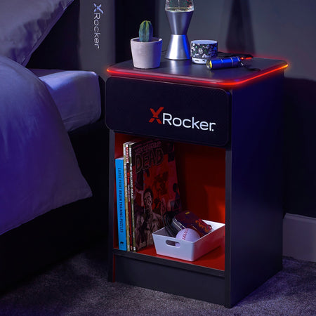 Carbon-Tek Bedside Table with Wireless Charging and LED Lights - Grey