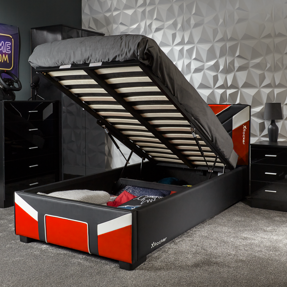 Cerberus X Rocker Ottoman Bed with bed lifted to show underbed storage area