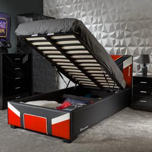 Cerberus X Rocker Ottoman Bed with bed lifted to show underbed storage area