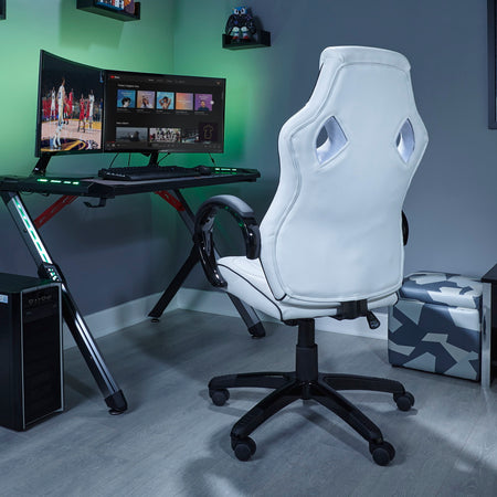 picture showing the back of the x rocker pc office gaming chair in white and black 