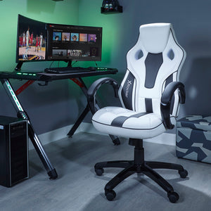 x rocker pc office gaming chair in white and black in a game room setting and LED light effect