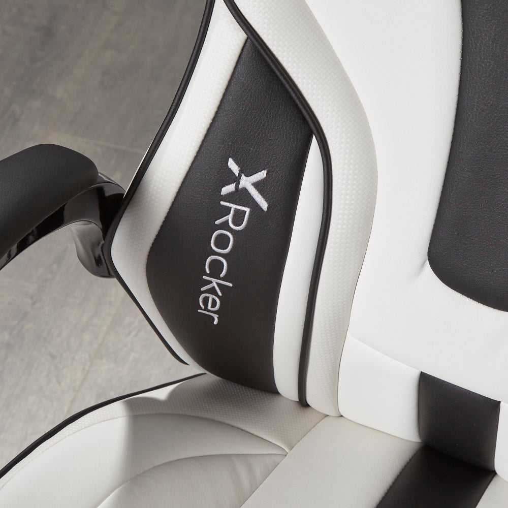 close up image showing the x rocker logo on the seat backrest
