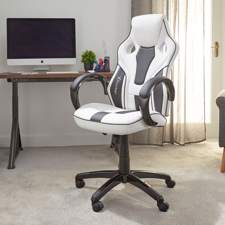 x rocker pc office chair in white and black in a home office setting