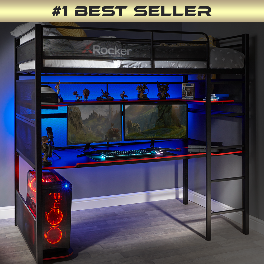 x rocker gaming bunk bed high sleeper in a grey room with LED lights and computer monitors and no.1 best seller tag