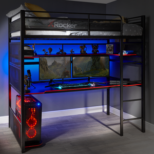 x rocker gaming bunk bed with integrated desk in a modern grey room and blue LED lights for effect